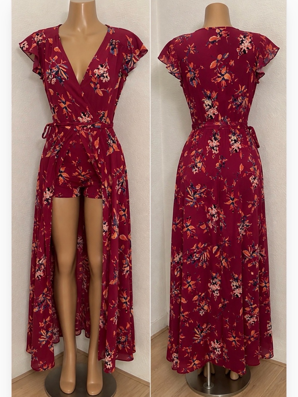 love, Fire Burgundy Floral Wrap Romper with Maxi Skirt Overlay